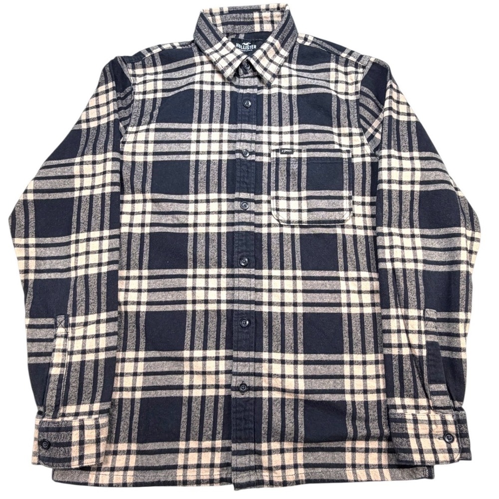 Hollister Mens M Plaid Flannel Shirt Black Cream 100% Cotton Button Up Grunge